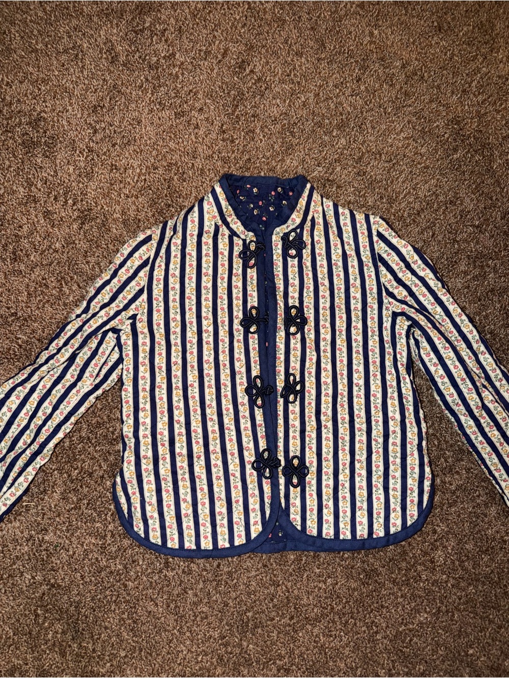 Girls' Navy & Cream Striped Floral Trim Jacket